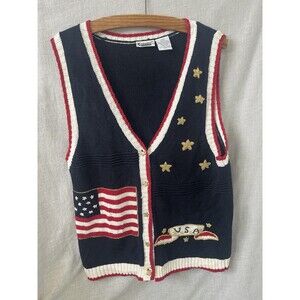 Capacity Sweater Vest Womens L Patriotic Flag Red White Blue USA American
